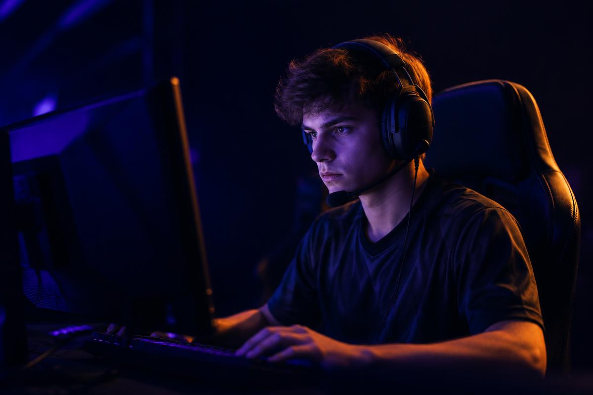Focused esports player competing at a gaming station